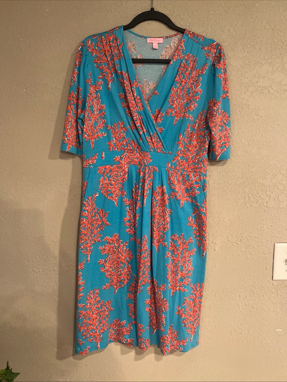 Lilly Pulitzer Turquoise Dress with Coral-Print  Sz Large Silk/Cotton Pockets